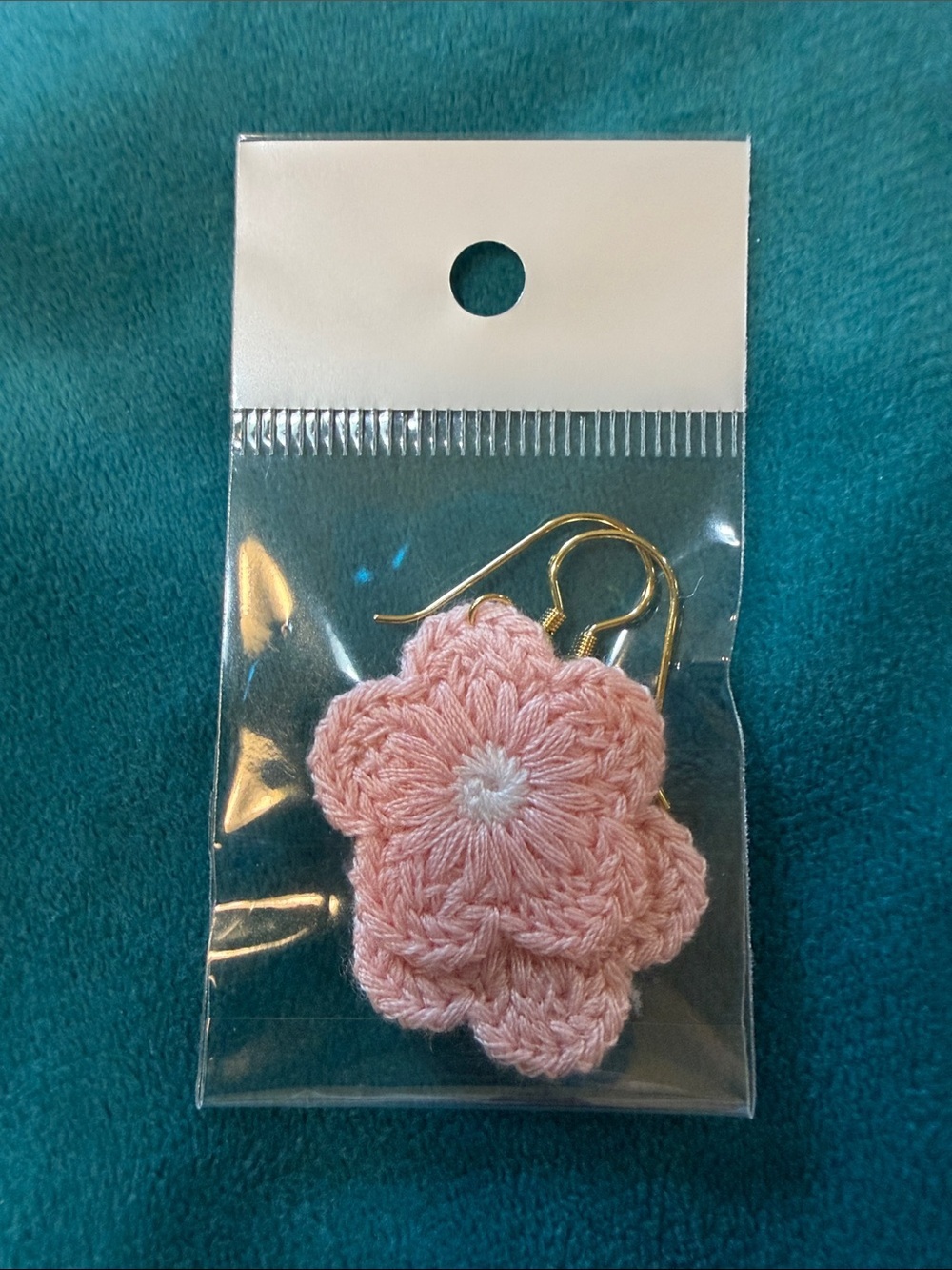Handwoven Pink Crochet Flower Drop Earrings with Gold Hooks